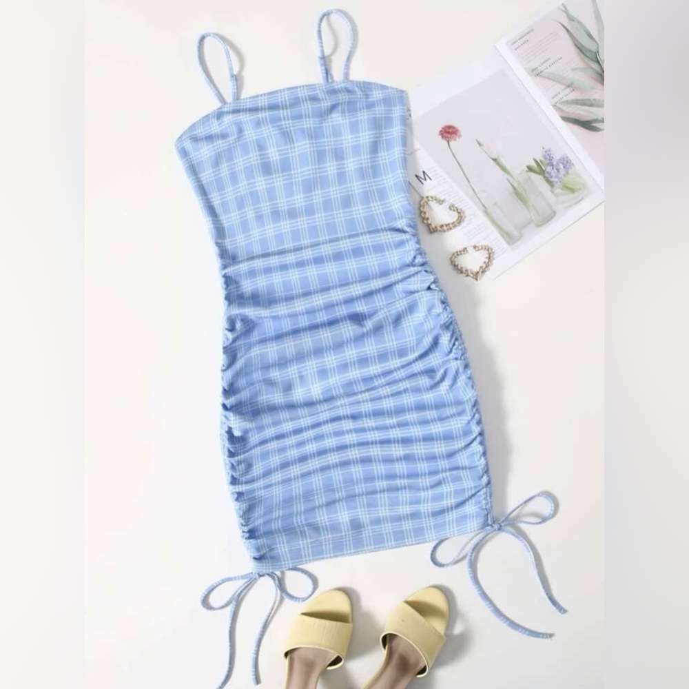 NWOT Plaid Drawstring Side Cami Dress